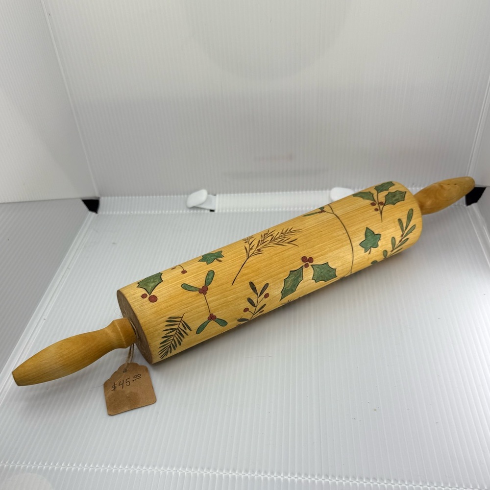 Festive Holly Wooden Rolling Pin with Holiday Xmas Design Hand burned & Painted